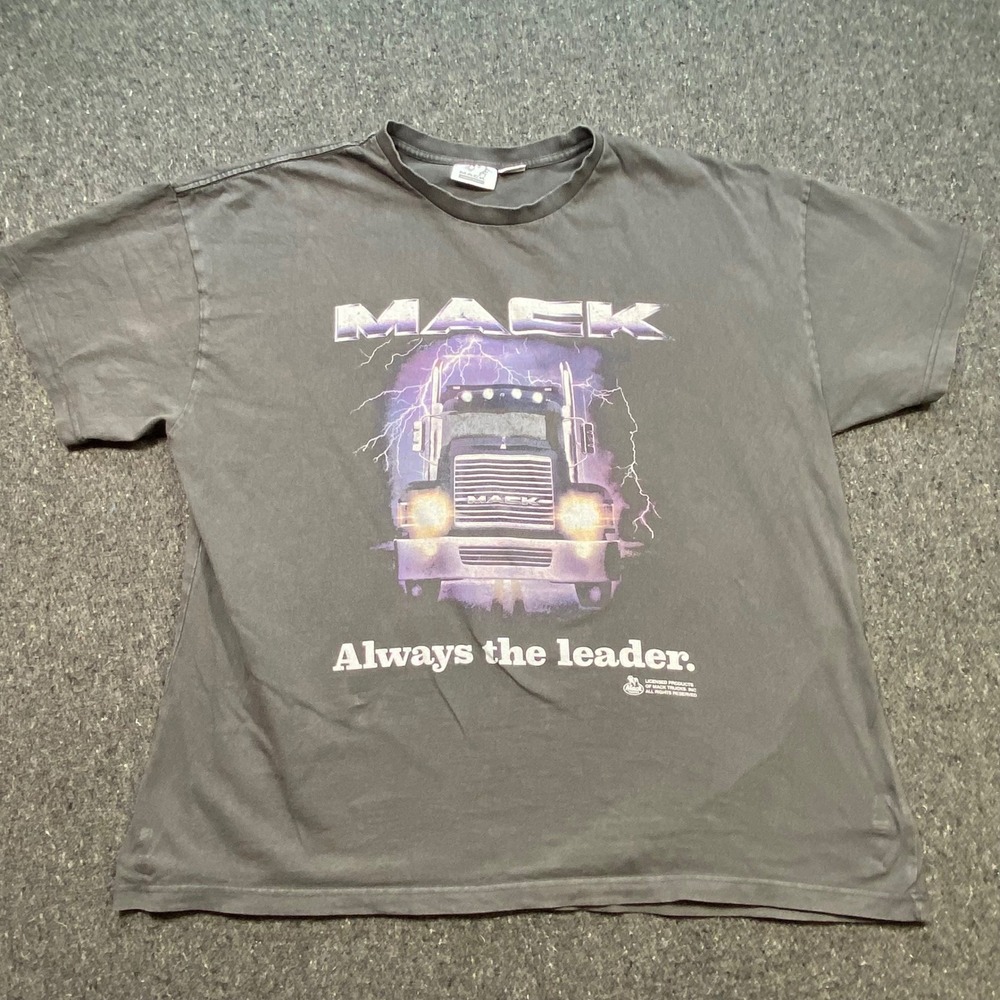 Mack Trucks Always the Leader Shirt Sz XL Men Gray Skater Lightning Graphic Semi